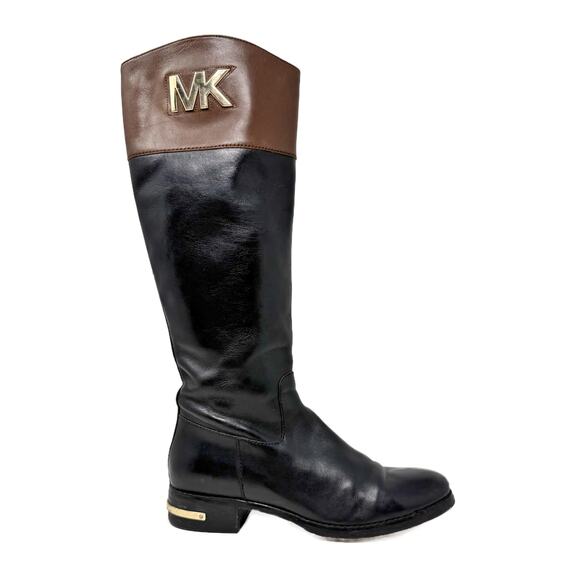 Michael Kors Hayley Riding Boots 7 M Black/Brown Leather Zip Up - Picture 3 of 16